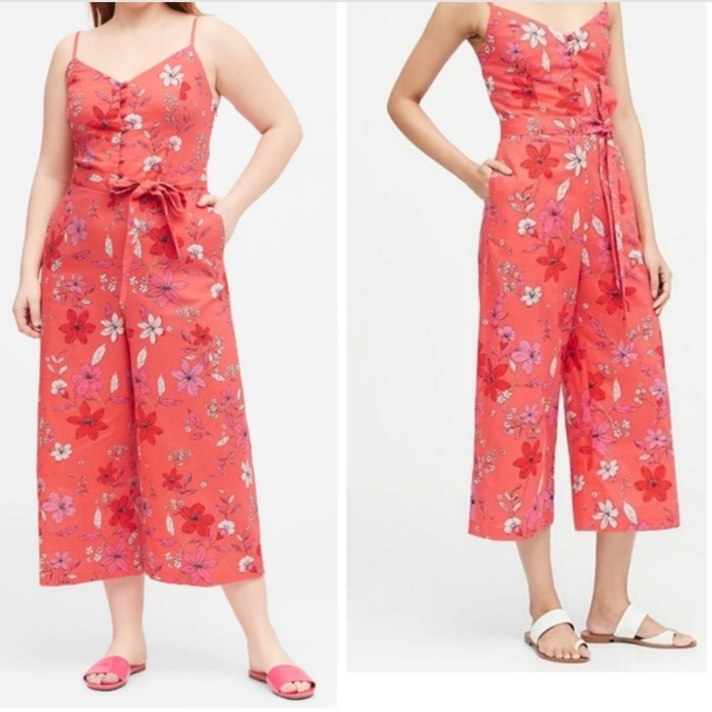 BANANA REPUBLIC linen floral jumpsuit crop coral pink Wide leg. Size 14